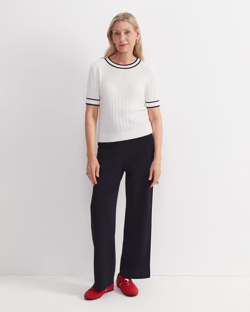 Elka Cable Short Sleeve Knit in WHITE/NAVY