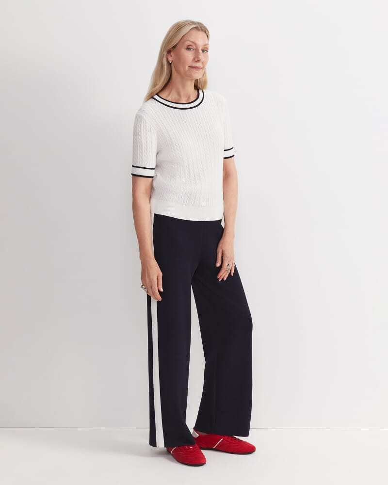 Elka Cable Short Sleeve Knit in WHITE/NAVY