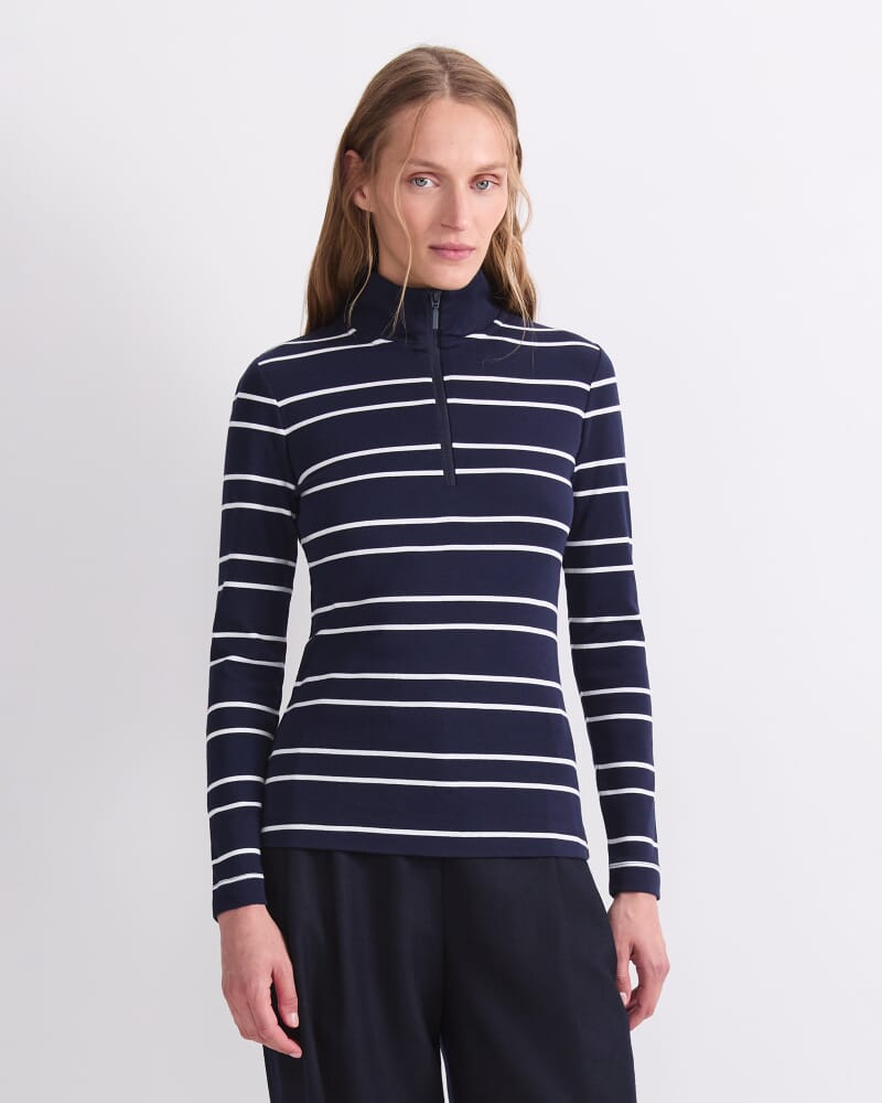 Lucy Stripe Zip Funnel Neck in NAVY/WHITE