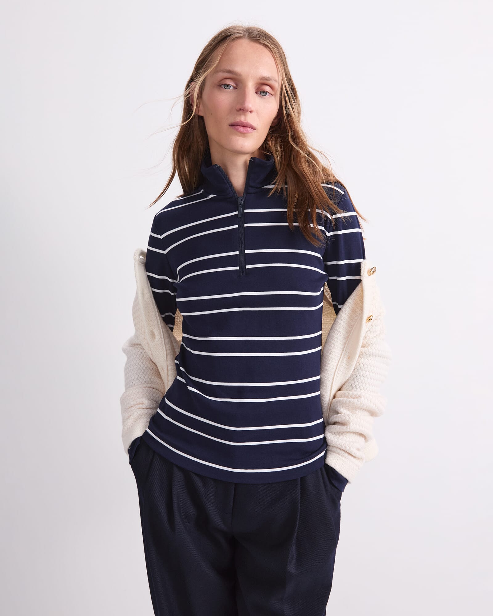Lucy Stripe Zip Funnel Neck