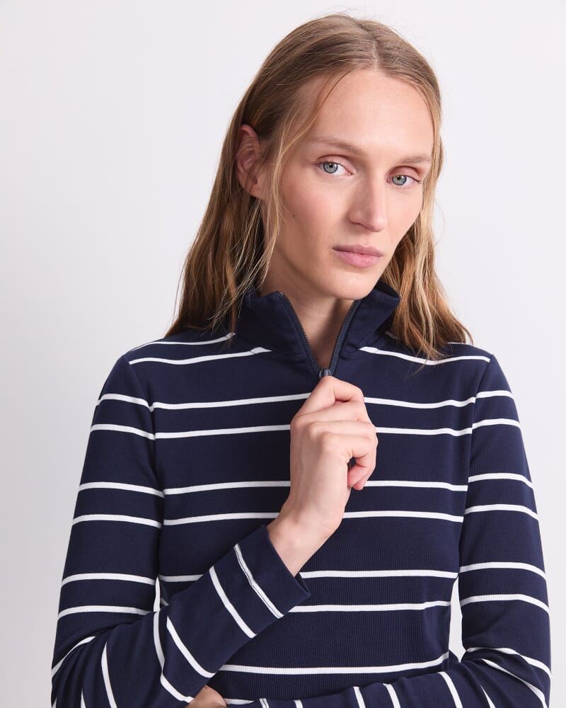 Lucy Stripe Zip Funnel Neck in NAVY/WHITE