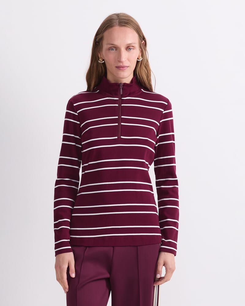 Lucy Stripe Zip Funnel Neck in WINE