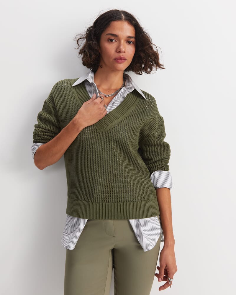 Cotton Crochet V-Neck Knit in KHAKI
