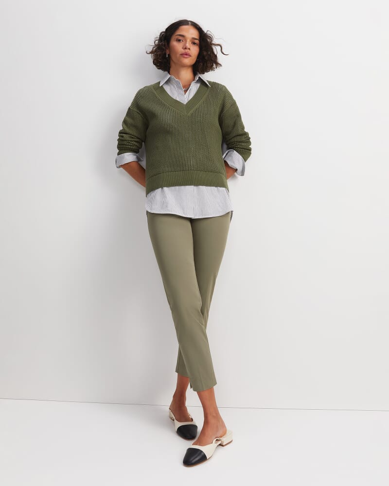 Cotton Crochet V-Neck Knit in KHAKI