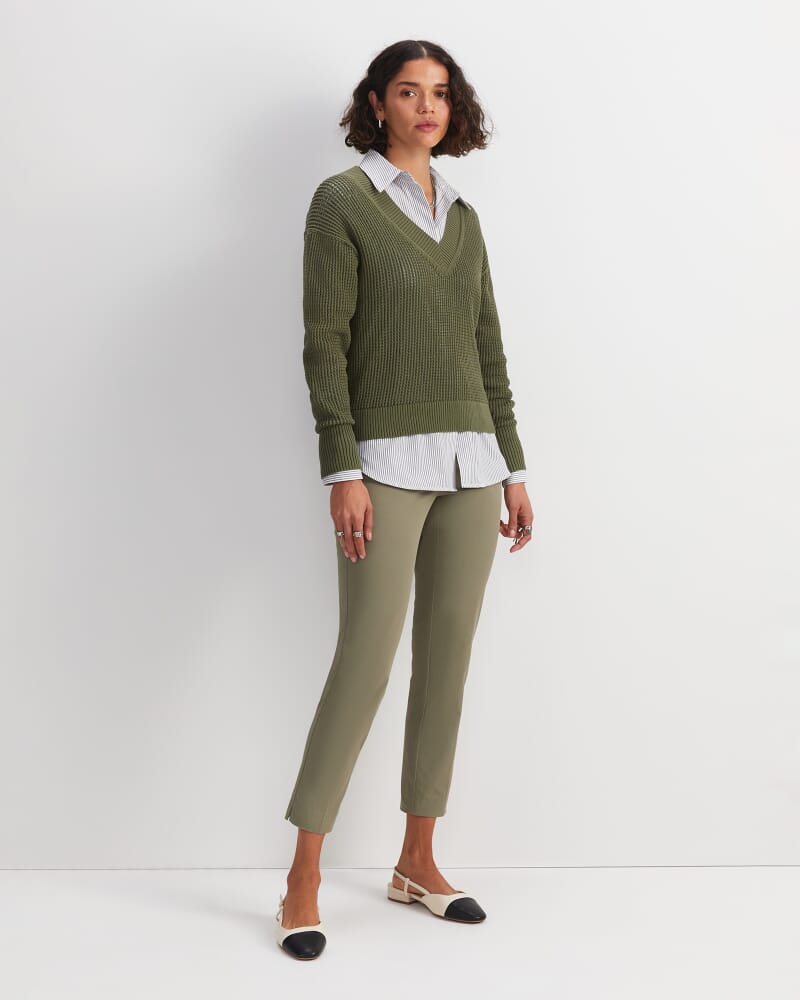 Cotton Crochet V-Neck Knit in KHAKI
