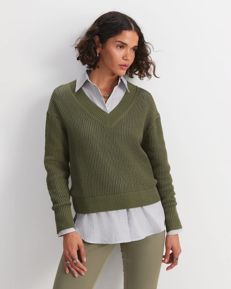 Cotton Crochet V-Neck Knit in KHAKI