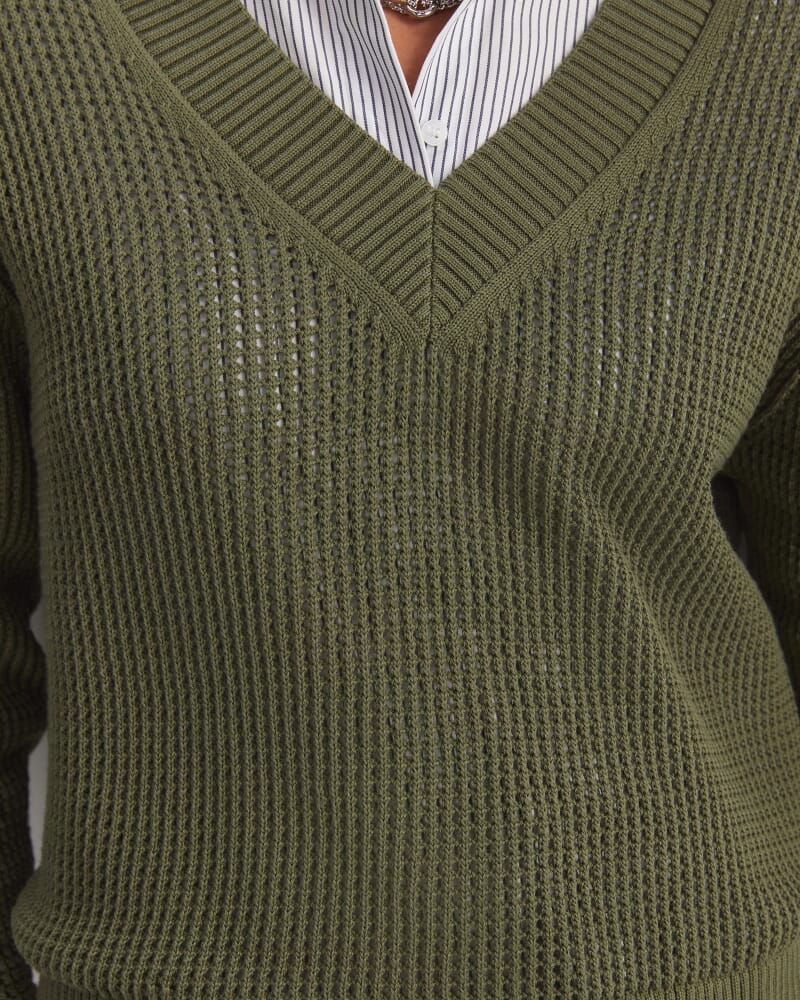 Cotton Crochet V-Neck Knit in KHAKI
