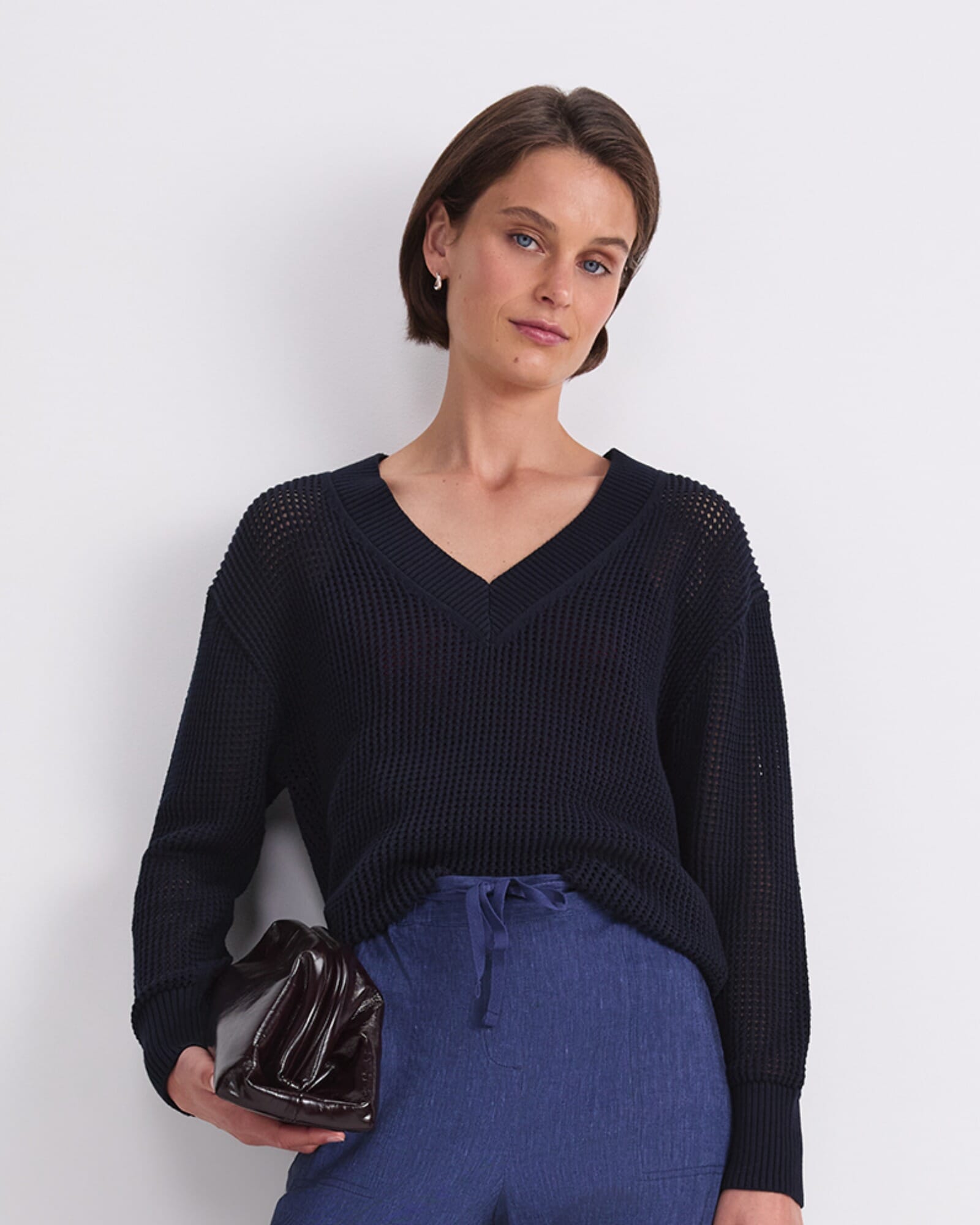 Cotton Crochet V-Neck Knit