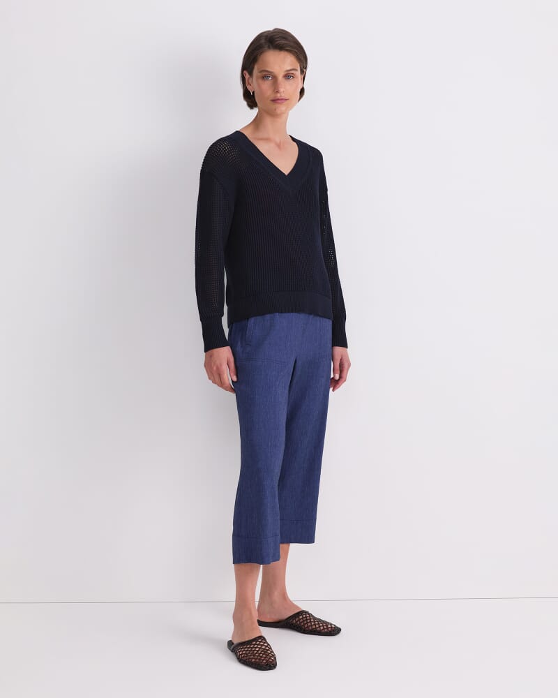 Cotton Crochet V-Neck Knit in NAVY