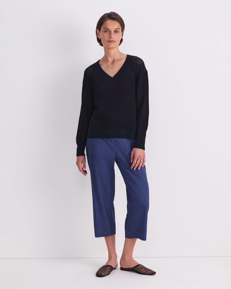 Cotton Crochet V-Neck Knit in NAVY