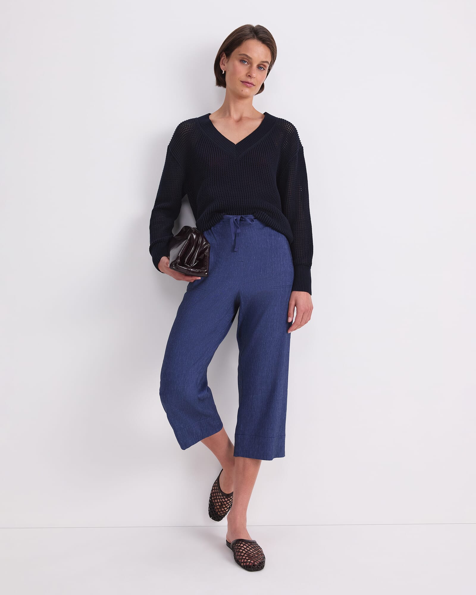 Cotton Crochet V-Neck Knit