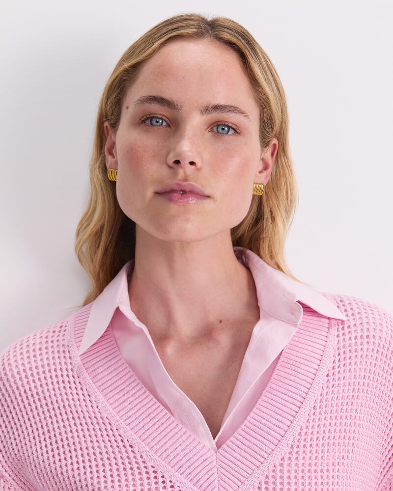Cotton Crochet V-Neck Knit in PINK