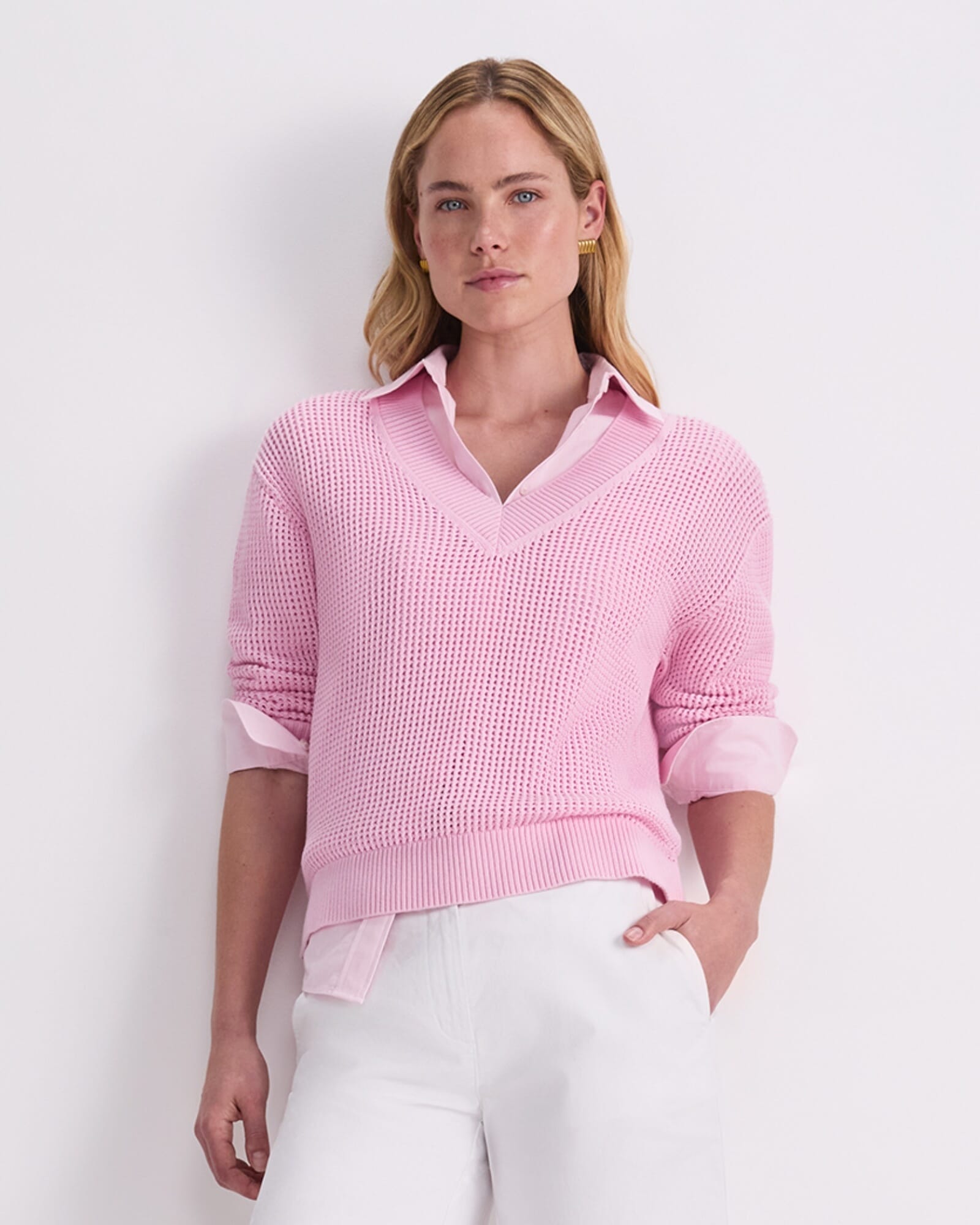 Cotton Crochet V-Neck Knit