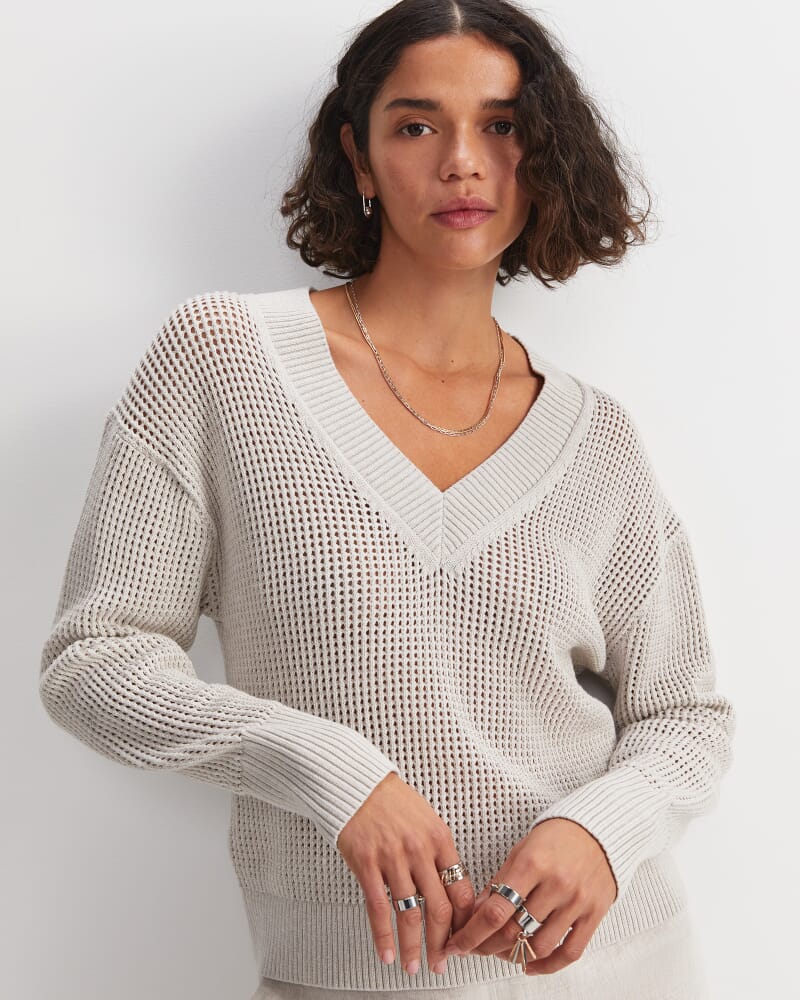 Cotton Crochet V-Neck Knit