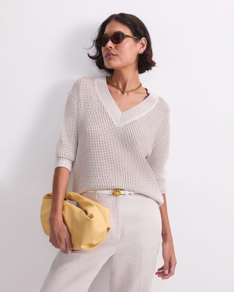 Cotton Crochet V-Neck Knit in STRING