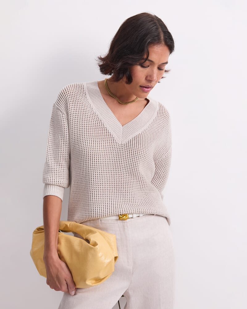 Cotton Crochet V-Neck Knit in STRING