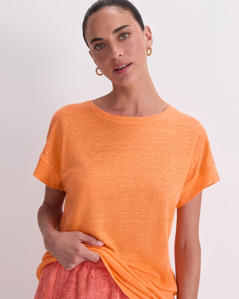 Tonia Crew Neck Linen Tee in TANGERINE