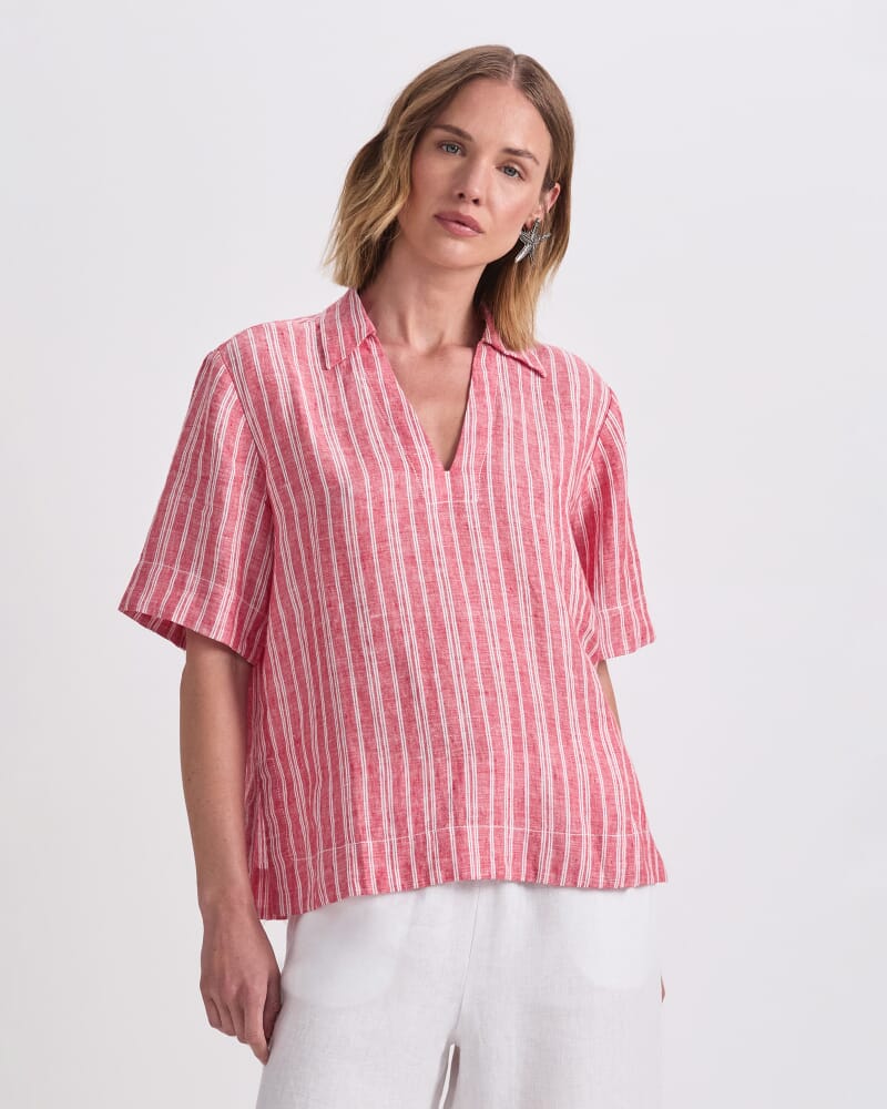 Ashley Linen Popover Shirt in RED/WHITE