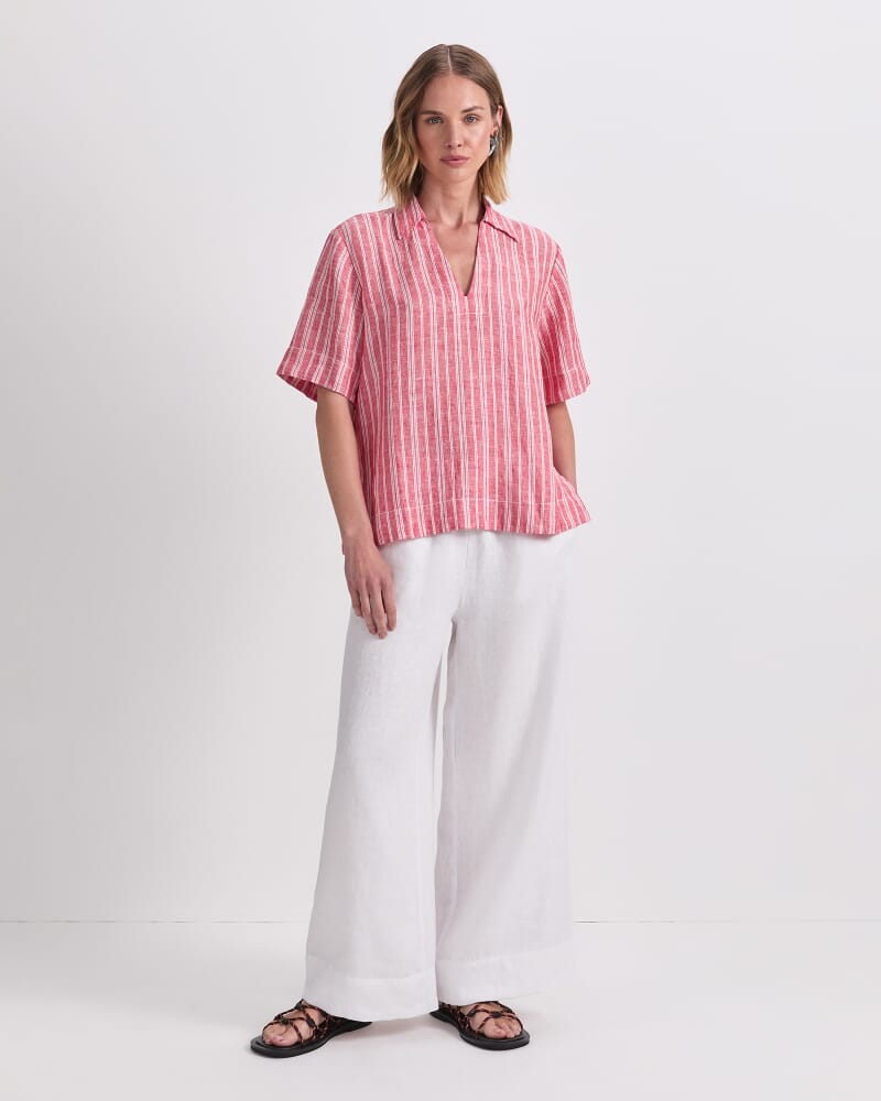 Ashley Linen Popover Shirt in RED/WHITE