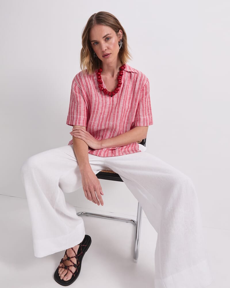 Ashley Linen Popover Shirt in RED/WHITE
