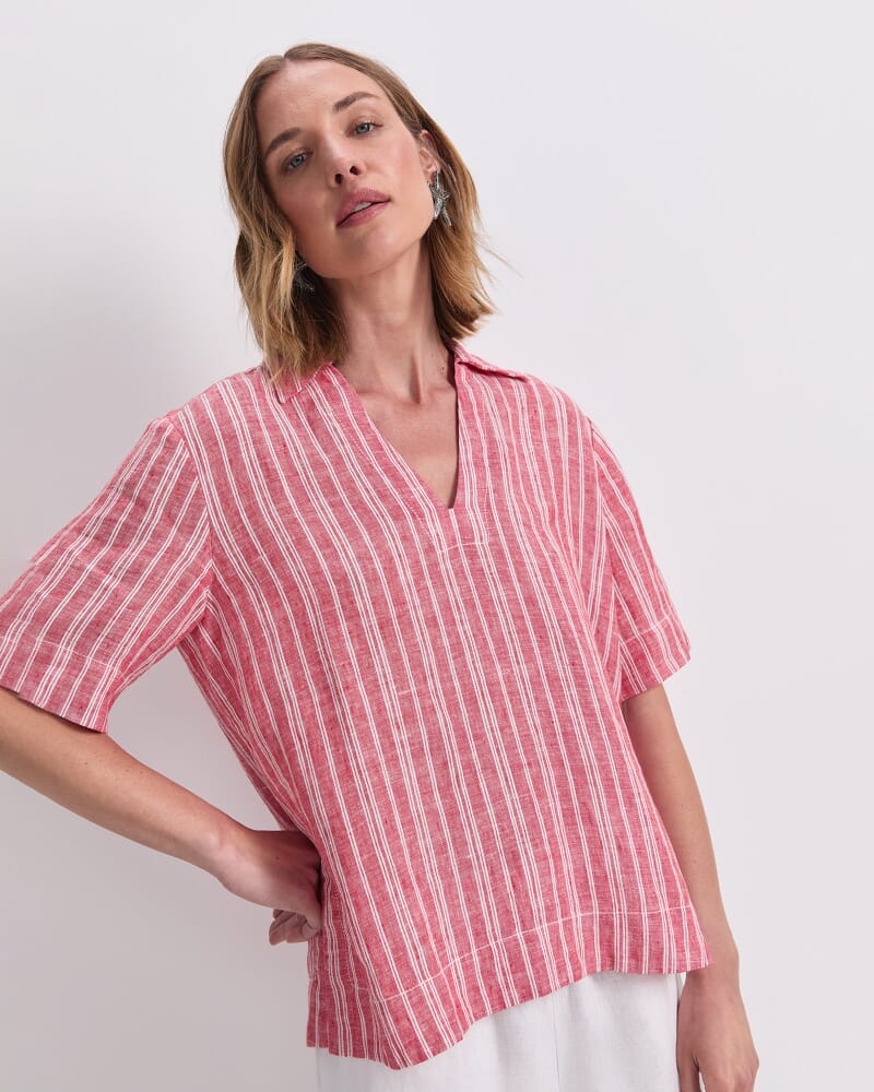 Ashley Linen Popover Shirt in RED/WHITE