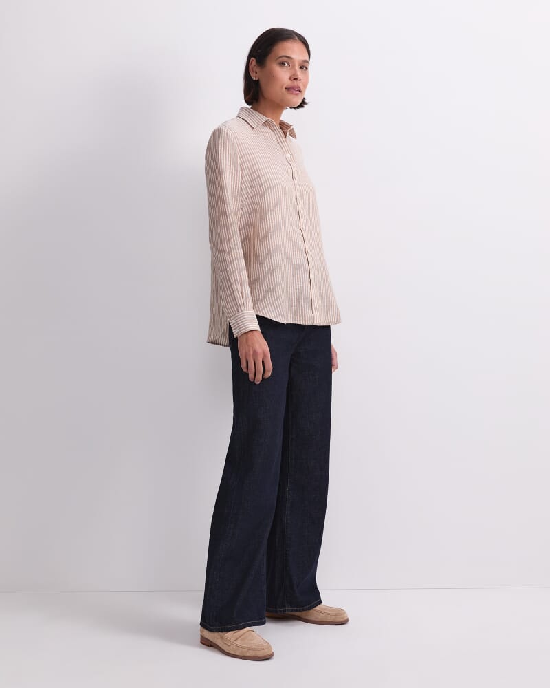 Dahlia Stripe Linen Shirt in PEBBLE