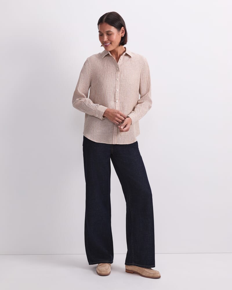 Dahlia Stripe Linen Shirt in PEBBLE