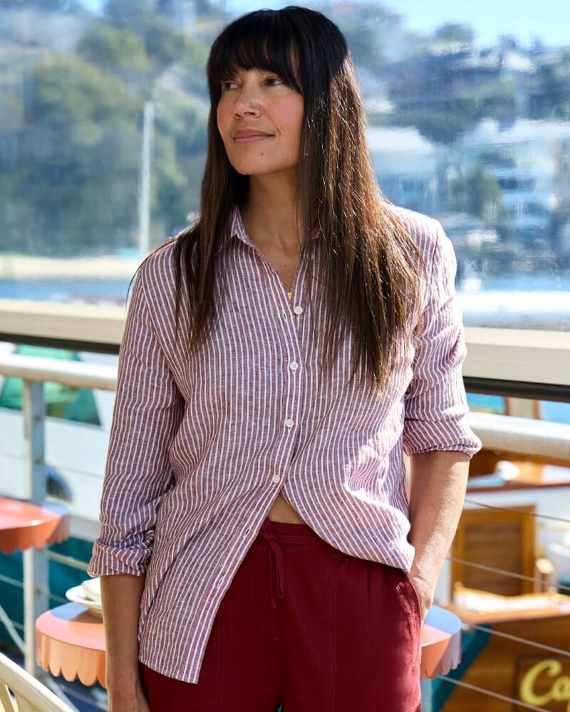 Dahlia Stripe Linen Shirt in PINOT