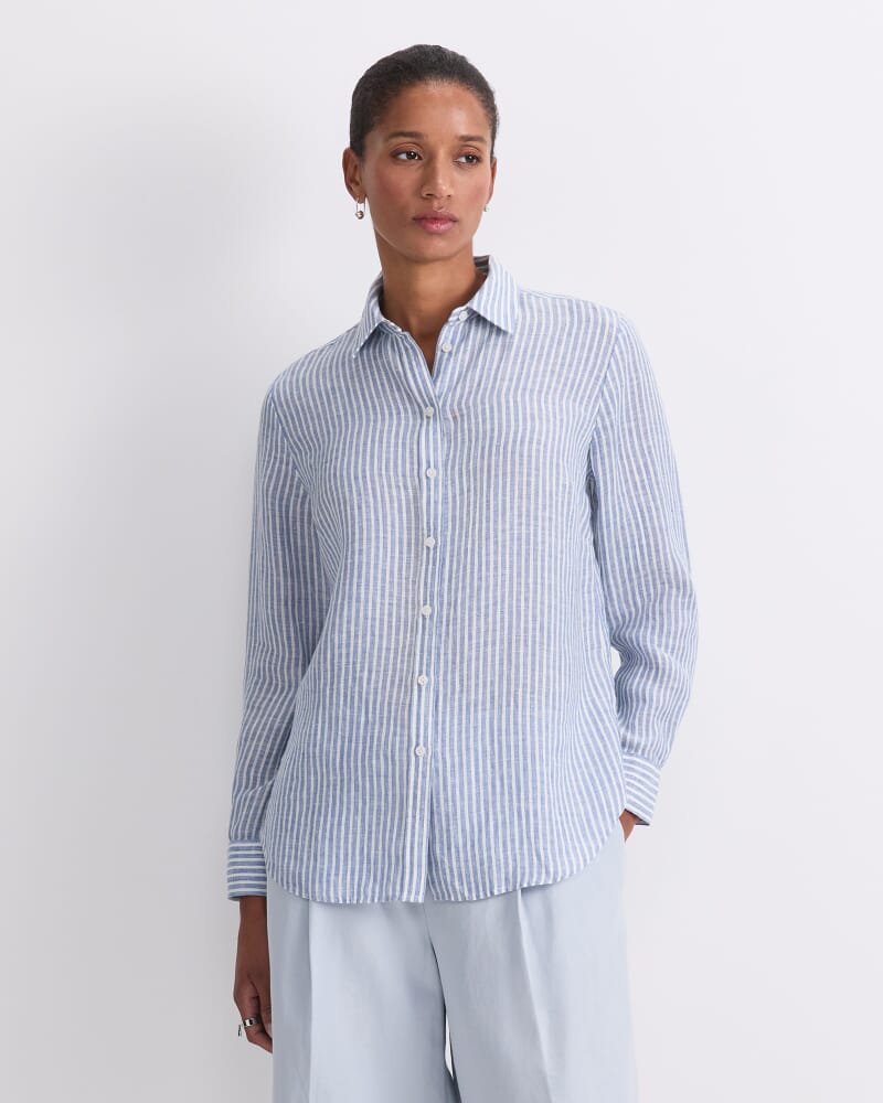 Dahlia Stripe Linen Shirt in WHITE/NAVY