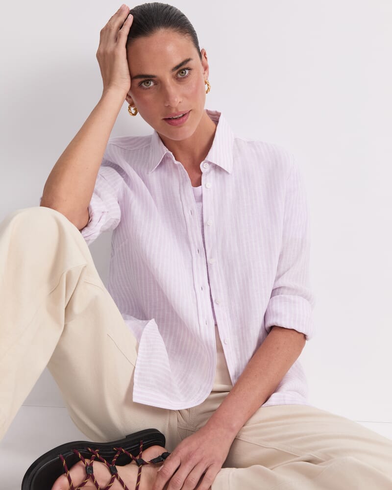 Dahlia Stripe Linen Shirt in WHITE/PURPLE