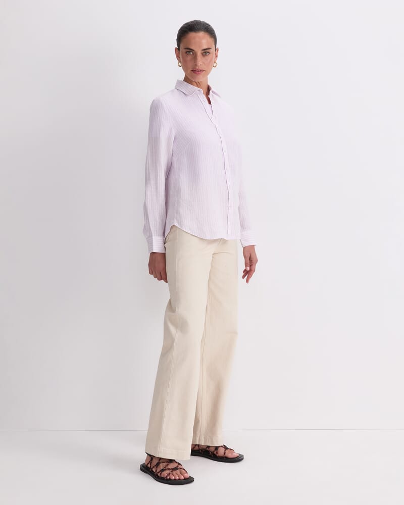 Dahlia Stripe Linen Shirt in WHITE/PURPLE