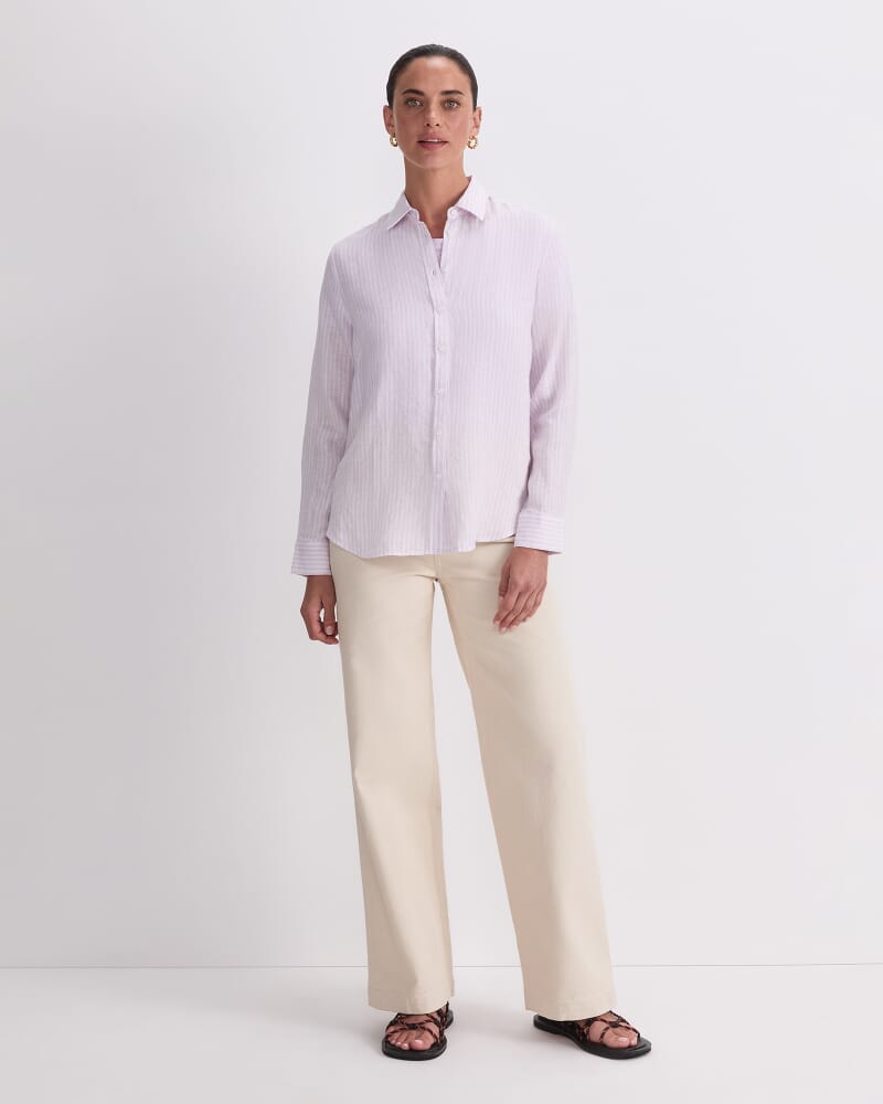 Dahlia Stripe Linen Shirt in WHITE/PURPLE