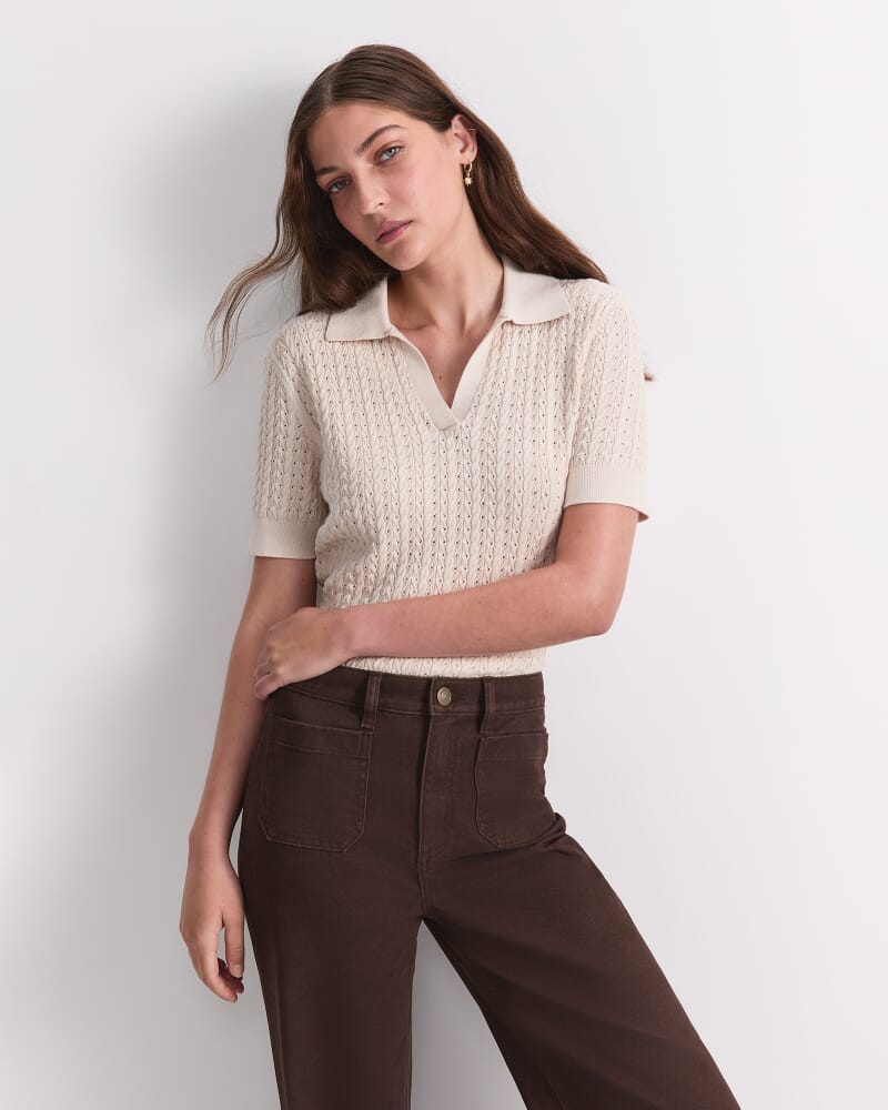 Elka Pointelle Polo Knit in STRING