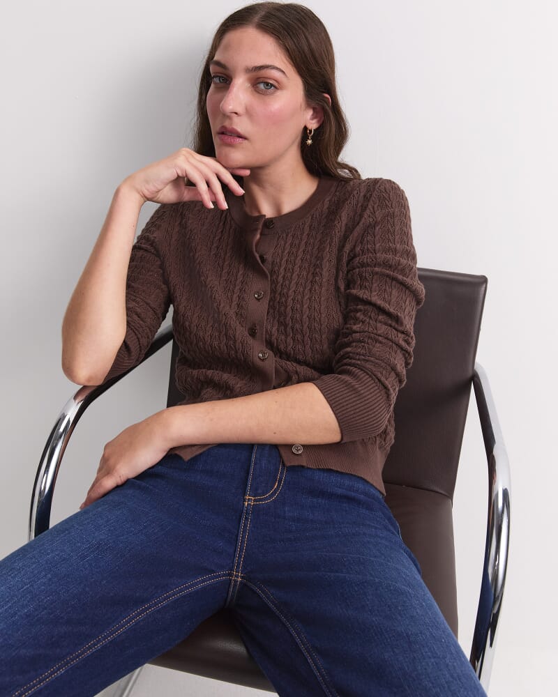 Elka Pointelle Cardigan in CHOCOLATE