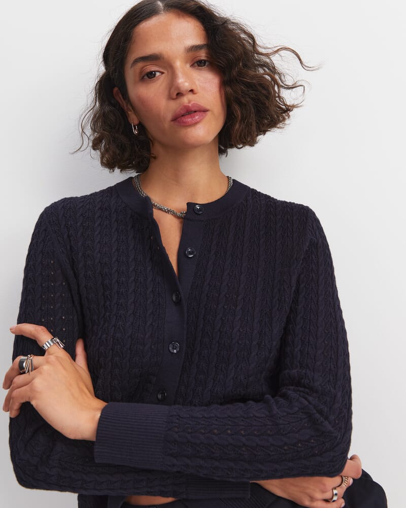Elka Pointelle Cardigan in NAVY