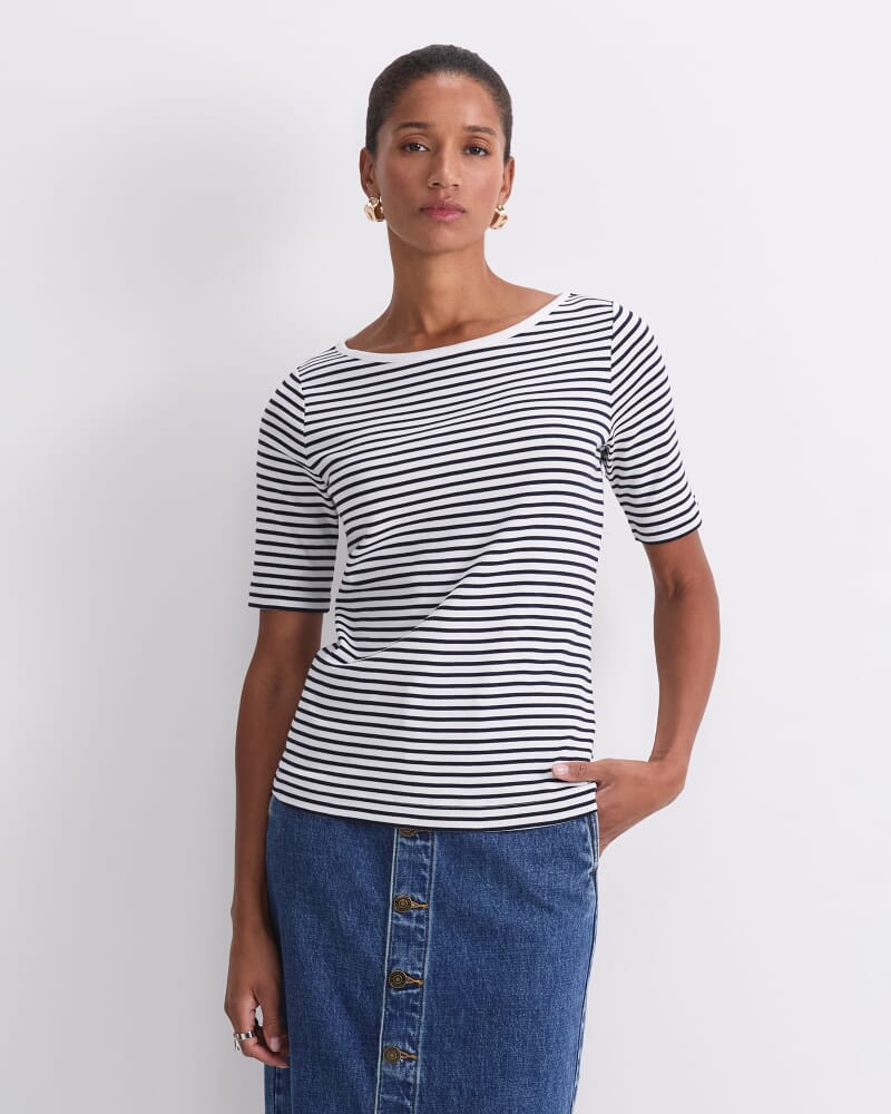 Heidi Boat Neck Half Sleeve Tee in WHITE/NAVY