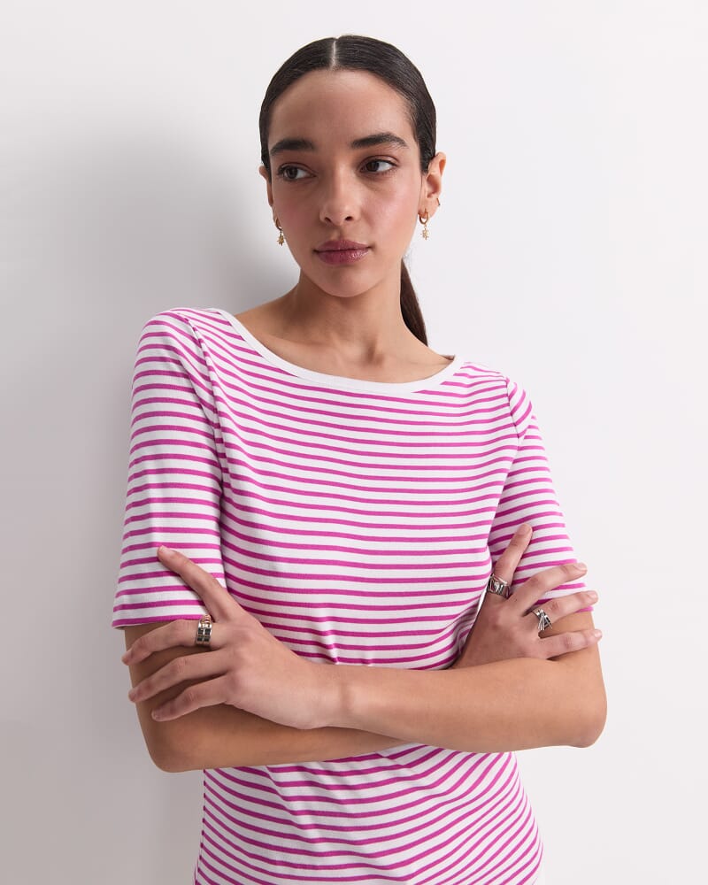 Heidi Boat Neck Half Sleeve Tee in WHITE/PINK