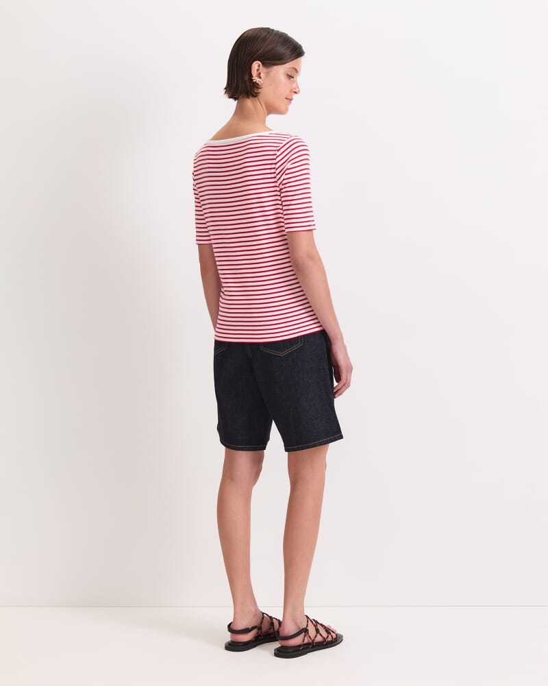 Heidi Boat Neck Half Sleeve Tee in WHITE/RED