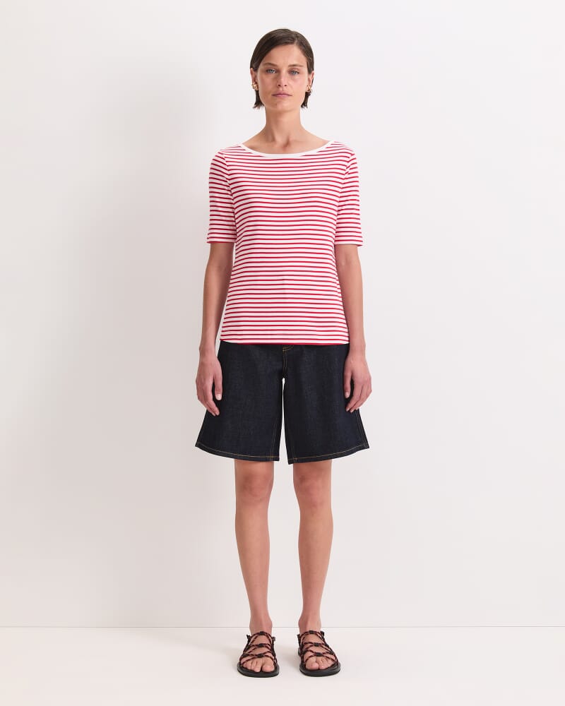 Heidi Boat Neck Half Sleeve Tee in WHITE/RED