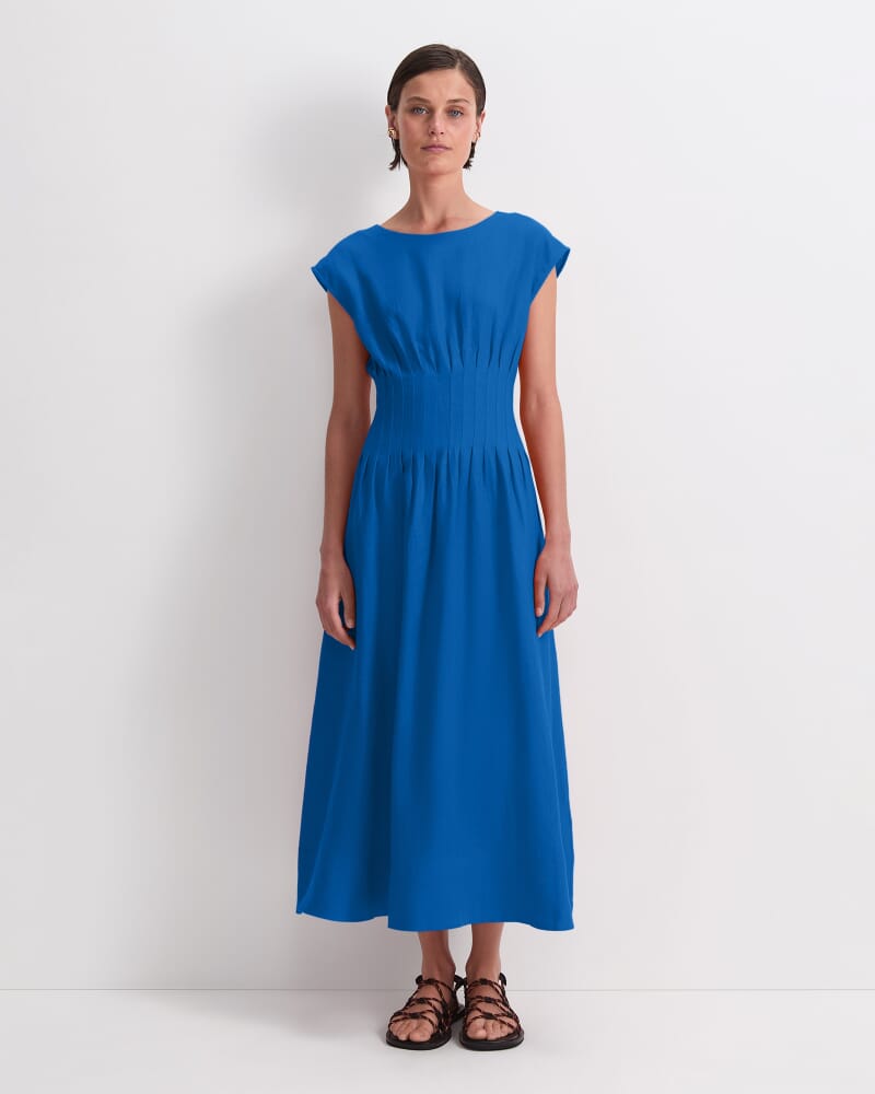Ariana Pintuck Linen Dress in BRIGHT BLUE