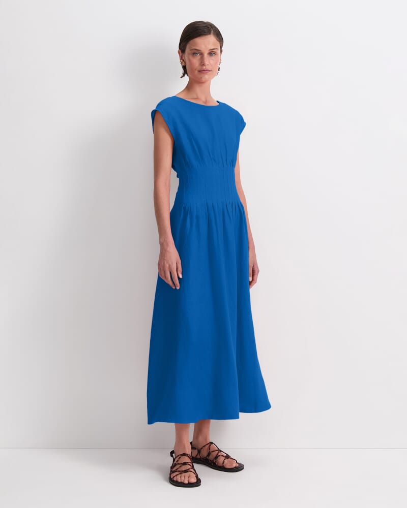 Ariana Pintuck Linen Dress in BRIGHT BLUE