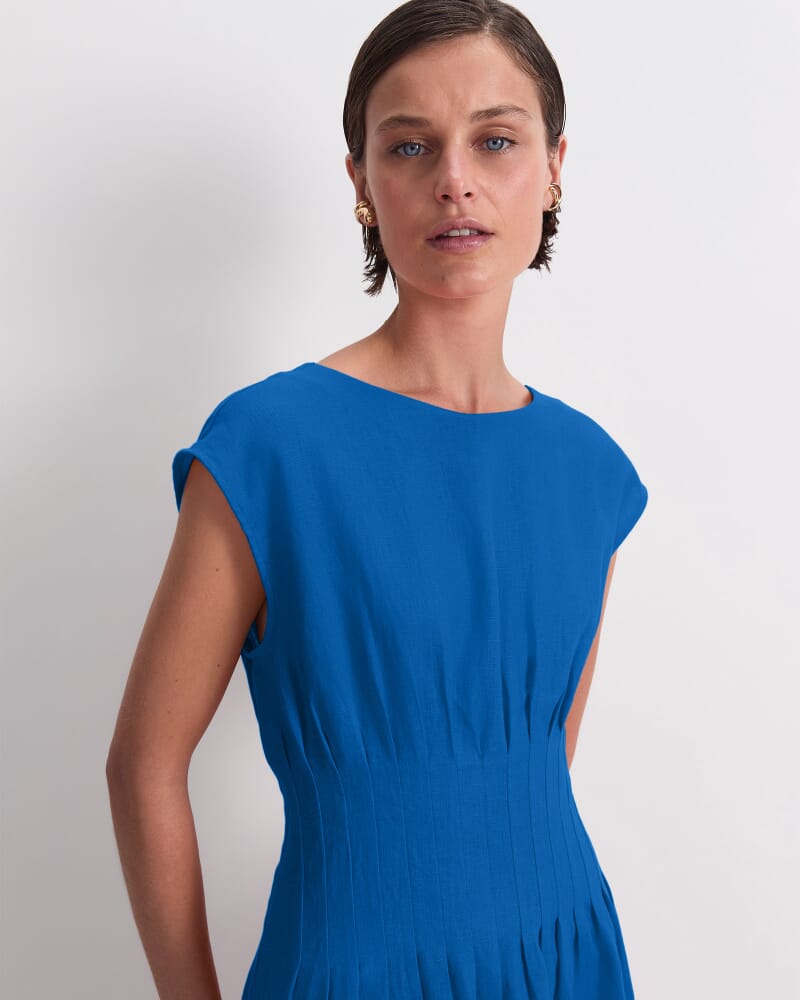 Ariana Pintuck Linen Dress in BRIGHT BLUE