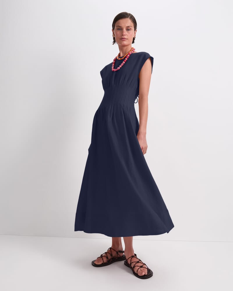 Ariana Pintuck Linen Dress in NAVY