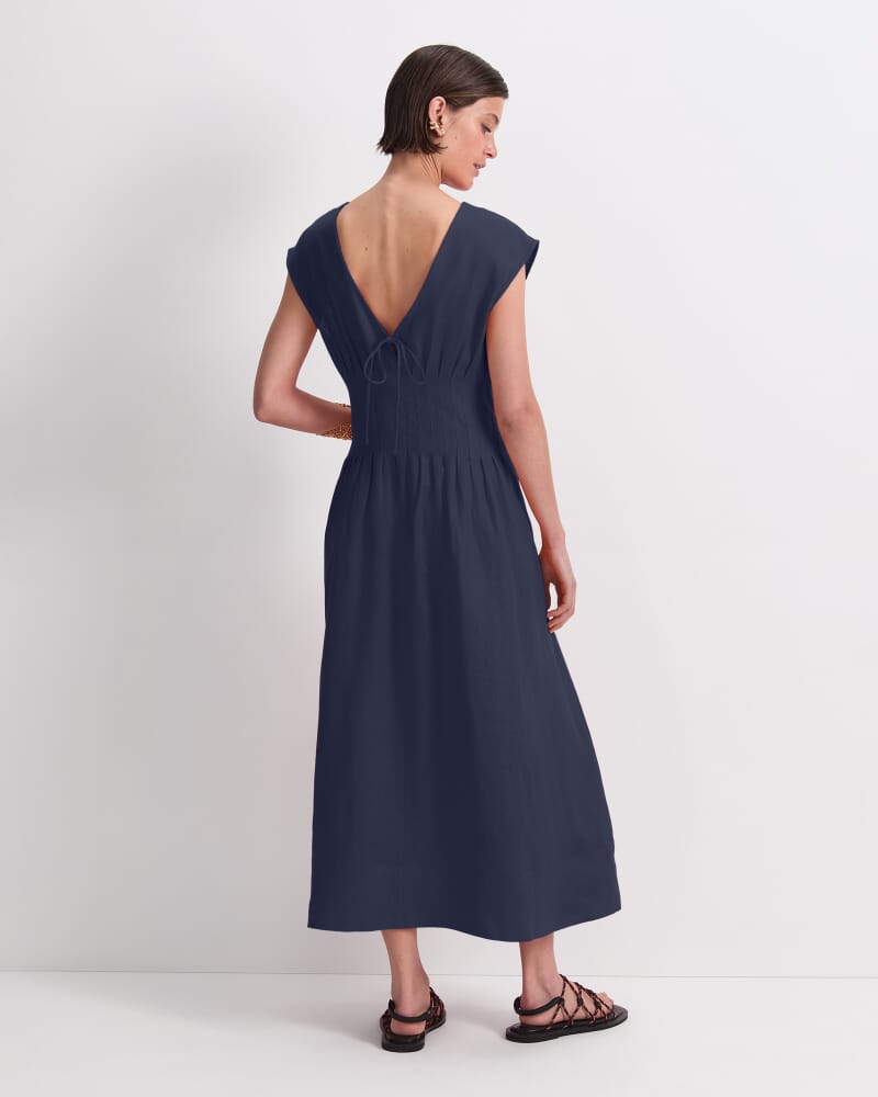 Ariana Pintuck Linen Dress in NAVY