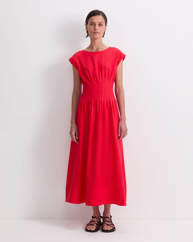 Ariana Pintuck Linen Dress in SCARLET