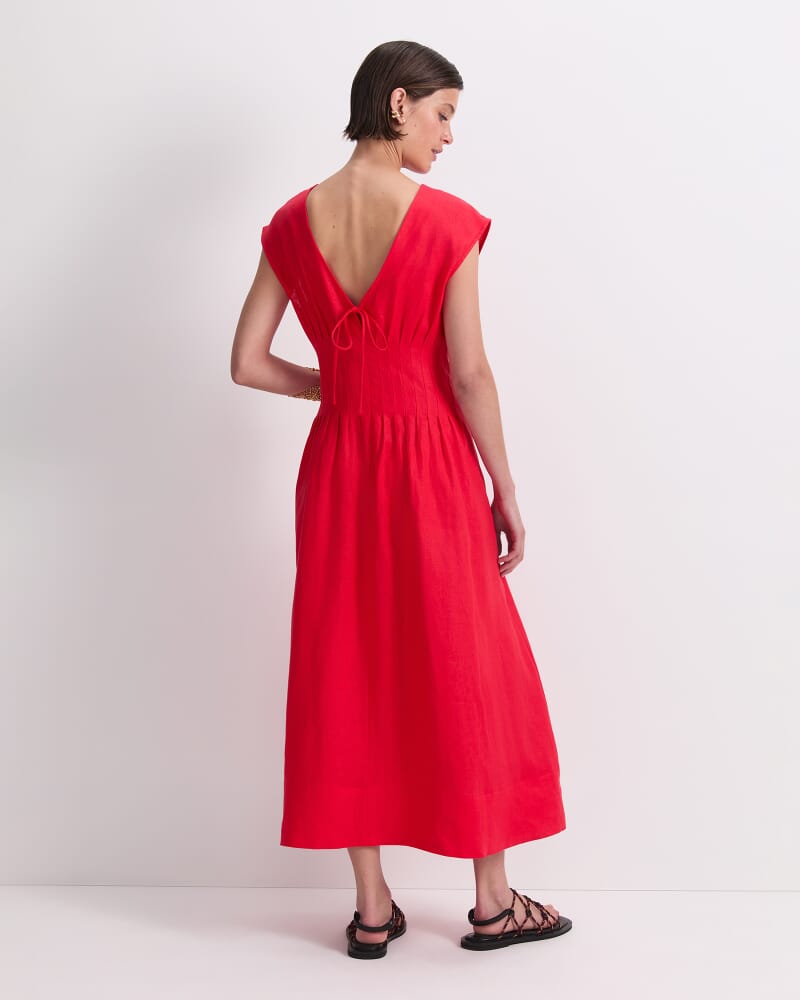 Ariana Pintuck Linen Dress in SCARLET