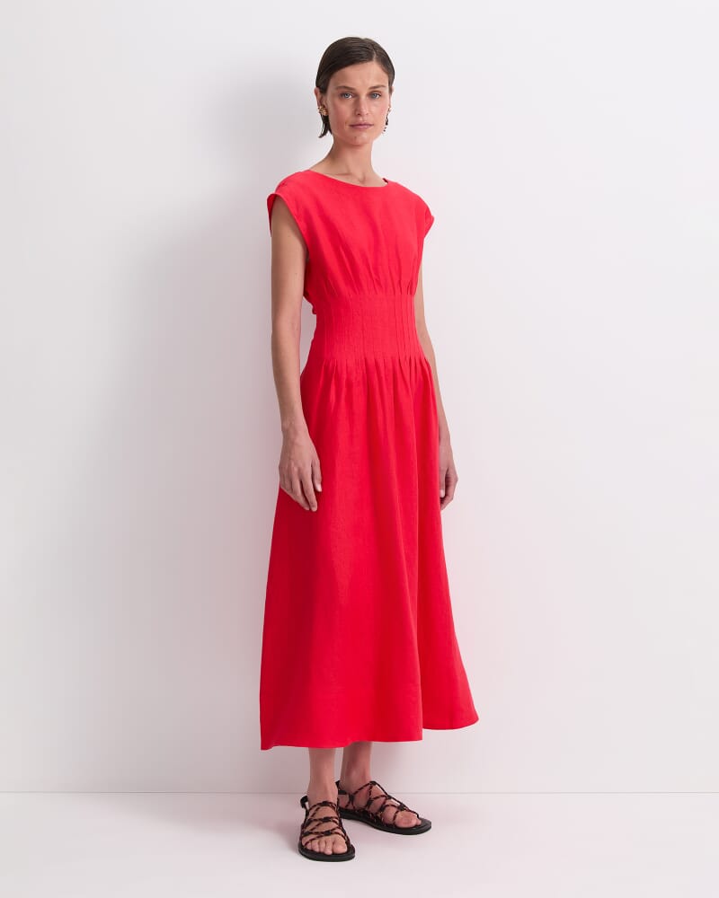 Ariana Pintuck Linen Dress in SCARLET