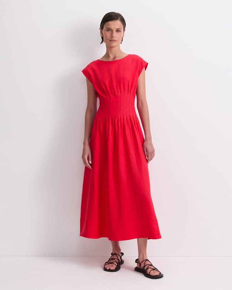 Ariana Pintuck Linen Dress in SCARLET