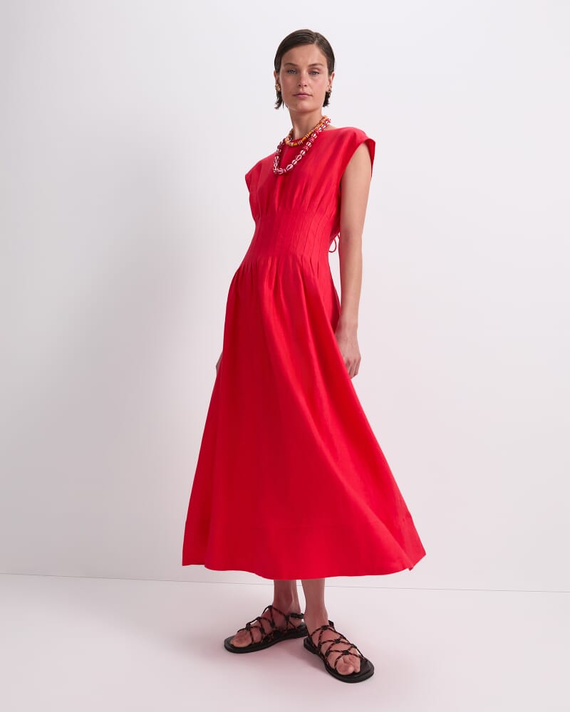 Ariana Pintuck Linen Dress in SCARLET