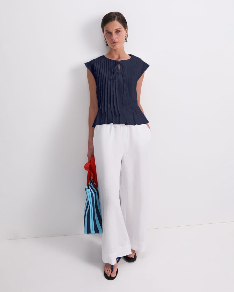 Ariana Pintuck Linen Blouse in NAVY